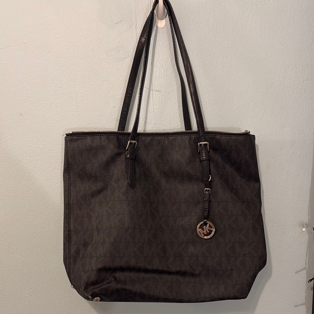 Michael Kors Black Tote with Textured Fabric and Long Straps